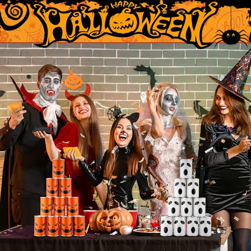 Soulchen 30 Pcs Halloween Carnival Bean Bag Toss Party Game, Knockdown Can Game Set Includes 20 Metal Cans, 8 Bean Bags and 2 Set Number Stickers for Family Gatherings, Backyard Fun & Carnival Party