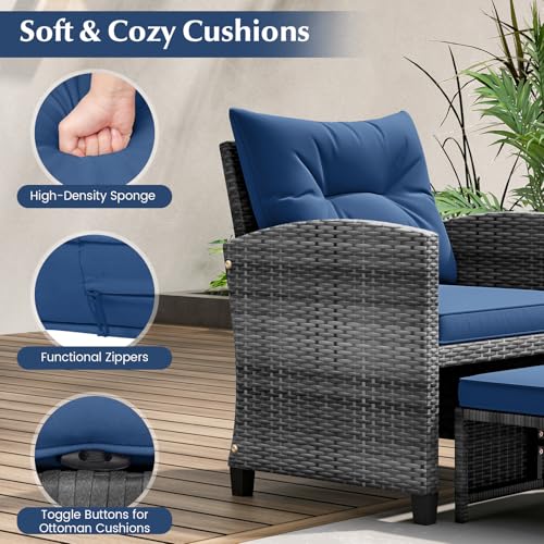Tangkula 5 Pieces Patio Conversation Set, PE Wicker Rattan Outdoor Furniture Set with 2 Chairs, 2 Ottomans & Tempered Glass Coffee Table, Ideal for Poolside, Backyard, Lawn, Deck, Mix Grey & Navy - color: Mix Grey & Navy