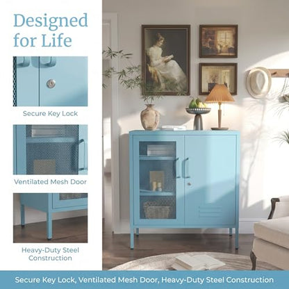 Accent Cabinet Locker, Lockable Storage Cabinet with Mesh & Metal Doors, 3-Tier Heavy Duty Steel Cabinet with 2 Adjustable Shelves, for Living Room, Home Office Blue 33" H x 29.5" W x 13.8" D - color: Ocean, style: Cabinet-33"H-SW