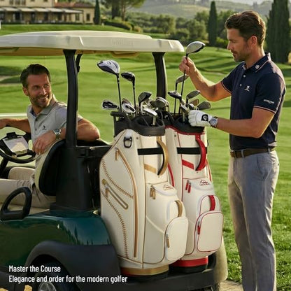 uniHimal Golf Cart Bag with 14-Way Full-Length Dividers, Premium PU Leather Golf Bag for Men Women with Plush Top, Magnetic Pocket and Rain Cover, Lightweight Golf Club Bag Includes Cooler Pockets - color: Beige Gold