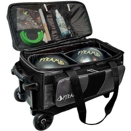Pyramid Deluxe Double Roller 2 Ball Bowling Bag with Large Separate Shoe Compartment (Up To 2 Pairs Of Shoes) and Accessory Pockets, Sturdy Square Handle - Extends to 40" - Pro Options Available - color: Pro Black/Silver