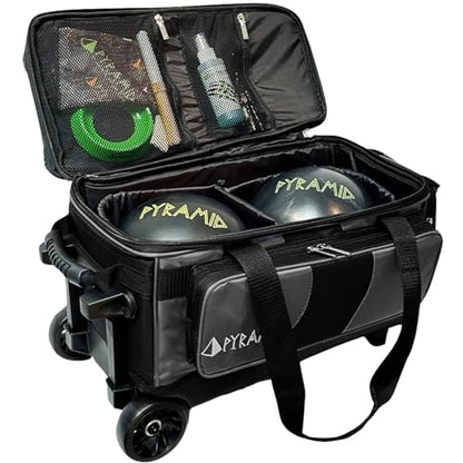Pyramid Deluxe Double Roller 2 Ball Bowling Bag with Large Separate Shoe Compartment (Up To 2 Pairs Of Shoes) and Accessory Pockets, Sturdy Square Handle - Extends to 40" - Pro Options Available - color: Pro Black/Silver
