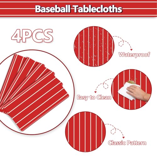 4 Pcs Plastic Baseball Tablecloths, Rectangle Red Stripe Table Cloth for Baseball Game Day Sports Theme Party Supplies, 51 x 86 Inches - color: White on Red