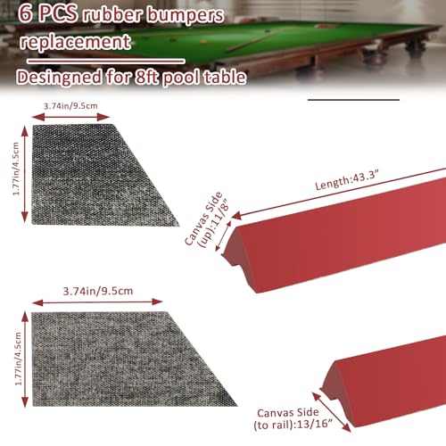 Podoy 8ft Pool Table Replacement Kit, Pool Table Bumpers (Set of 6) with Felt Cloth/Cushion Facings (Set of 12) for Billiard Rail Rubber Bumpers Home & Pro Use Billiard Rail & Pocket Accessories - color: RED WITHOUT CLOTH