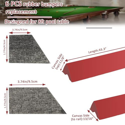 Podoy 8ft Pool Table Replacement Kit, Pool Table Bumpers (Set of 6) with Felt Cloth/Cushion Facings (Set of 12) for Billiard Rail Rubber Bumpers Home & Pro Use Billiard Rail & Pocket Accessories - color: RED WITHOUT CLOTH