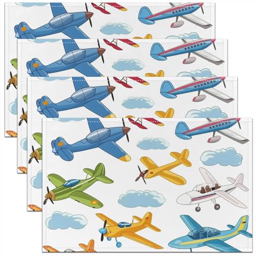 Erosebridal Airplane Placemats 12X18 Inch Set of 4,Cartoon Aviation Aircraft Theme Place Mats for Kids Boys Youth Teens,Clouds Flight Waterproof Placemats for Dining Patio Table Kitchen Decor - color: Blue Green Yellow White