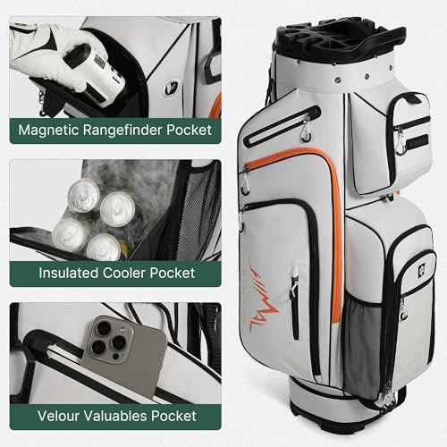 uniHimal Golf Cart Bag with 14-Way Full-Length Dividers, Golf Bag for Men Women with Magnetic Leather Pocket, Handles and Rain Cover, Lightweight Golf Club Bag Includes Cooler Pockets - color: White Orange
