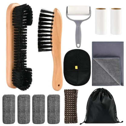 Tuhangcc 12PCS Complete Pool Table Brush Set All-in-One Cleaning Kit with 2 Sizes Wooden Brushes Lint Roller 2 Refills Plush Glove 4 Cue Sponges Suede Cloth Waterproof Storage Bag for Billiard Rooms