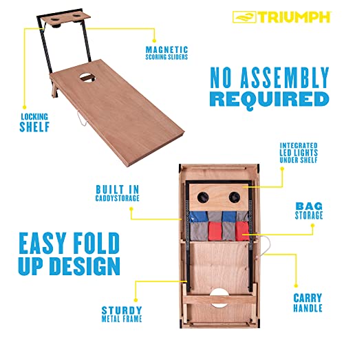 Triumph 2x4 Cornhole Set with Integrated Caddy and LED Lights – Full-Size Cornhole Boards with Cup Holders, Snack Shelf, Score Tracker, and 8 Toss Bags for Backyard, Tailgates, and BBQ Parties