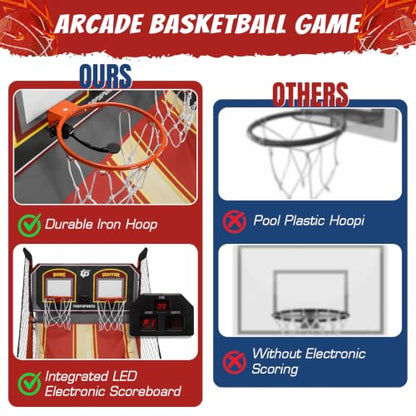 Basketball Arcade Game Machine LED Electronic Scoring Indoor Arcade Basketball Hoop with 5 Size 7 Inch Balls for 2 Players Kids Adults Player