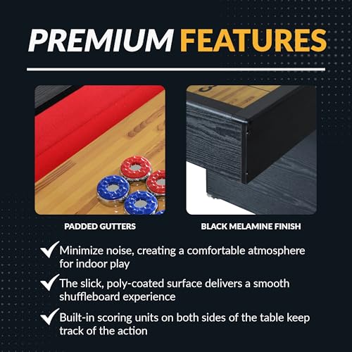 Hathaway Avenger 9 Ft Shuffleboard Table for Family Game Room – Poly-Coated Playfield, Built-in Scorer & Cabinet, Carpeted Gutters, 8 Pucks, Brush & Wax – Black Finish
