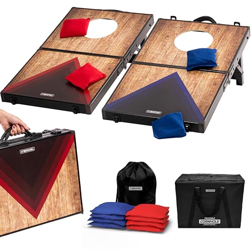 Flingsport Cornhole Board Set 24"x15" - 2 Boards Portable Corn Hole Set - Solid Plywood Tops with Aluminum Frame & Legs - Travel Cornhole Boards - Includes 8 Bean Bags, Travel Case & Game Rules