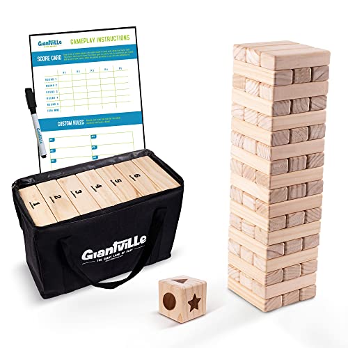 Giantville Giant Tumbling Timber Toy - Premium Pine Wood Life-Size Blocks Tower - Big Floor/Board Indoor/Outdoor Yard Game for Kids & Adults - 54-Pieces + Dice + Carry Bag - Grows to Almost 3-Feet - size: Large