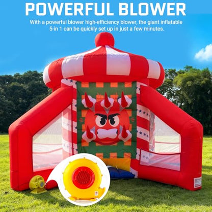 OZIS 5-in-1 Inflatable Carnival Game with Blower, Portable Basketball Hoop, Axe Throw, Soccer Target, Ring Toss, Tic-Tac-Toe for Backyard and Party, White & Red