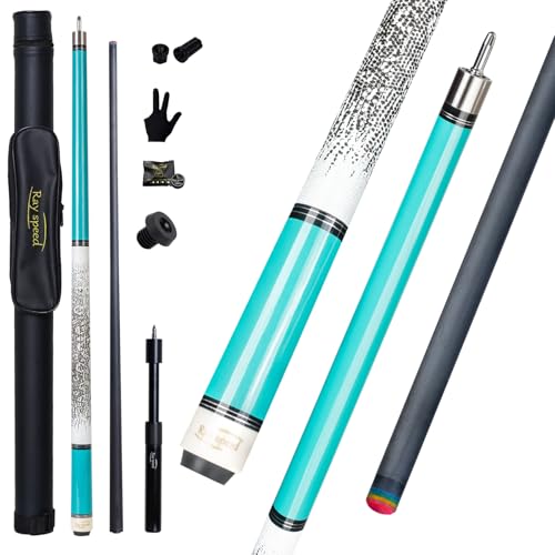Carbon Fiber Pool Cue Stick 12.5mm Rainbow Tip Low Deflection Pool Stick with Uni-loc Pin Joint and Extension Pool Stick-20 oz - color: Cyan-Pro