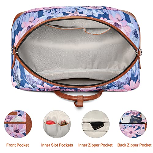 Weekender Bag for Women, Large Overnight Bag Canvas Travel Duffel Bag Carry On Tote with Shoe Compartment 21" 3Pcs Set - color: A10-brown+blue flower