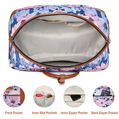 Weekender Bag for Women, Large Overnight Bag Canvas Travel Duffel Bag Carry On Tote with Shoe Compartment 21" 3Pcs Set - color: A10-brown+blue flower