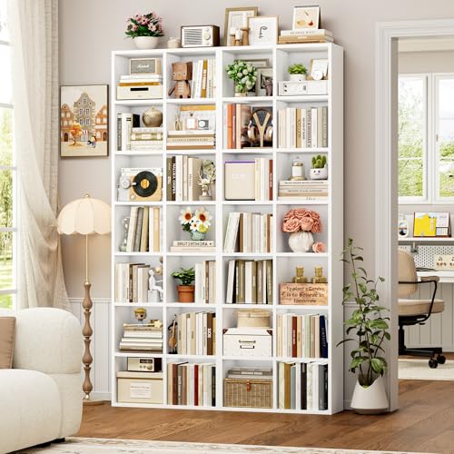 FOTOSOK 71'' Tall Bookshelf with 14 Cubes, 7 Tier Double Wide White Bookshelf with 6 Adjustable Shelves, 19.6" Narrow Bookcase DVD/CD Media Storage, Space Saving Display Shelf Cabinet, White - color: White