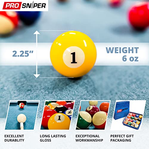 Prosniper Billiard Balls - 16 Premium Pool Ball Set Including 4X Cue Tips and 4X Blue Chalk I 6 oz & 2.25 inches I Pool Table Accessories for Beginners & Professionals I Made of Pure Resin - style: premium