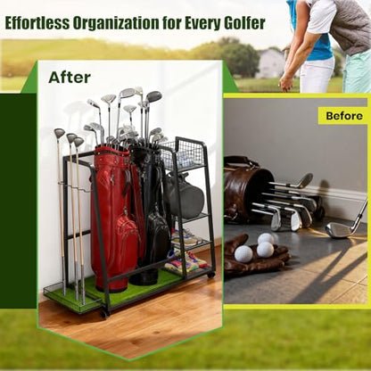 TooCust Golf Bag Storage Rack for Garage – Heavy Duty Golf Organizer Fits 2 Bags with Locking Wheels, Freestanding Golf Club Rack with Shelves & Turf Mat Base for Equipment, Shoes, Accessories