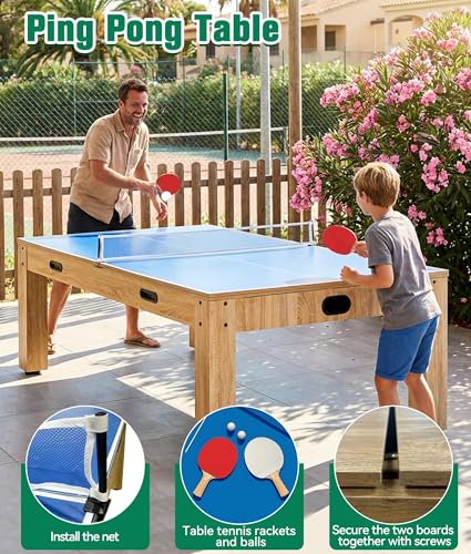 7Ft 4 in 1 Game Table, Pool Ping Pong Air Hockey Combo Table for Adults, 1-Min Switch, No Assembly Game Room Table
