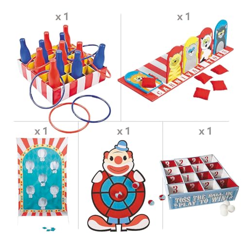 Fun Express Carnival Game Kit - 53 Piece Party Games for Kids Birthday Activities | Ring Toss, Bean Bag Toss, Dart Board & Bowling Set for Indoor Fun | Carnival Games for Adults and Family Gatherings