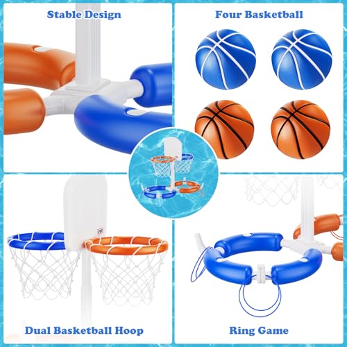 VROGTIK Dual Pool Basketball Hoop, Summer Toys for 3-12Years Kids Floating Pool Toys Ring Game with 4 Balls 8 Rings & Pump Outdoor Swimming Pool Basketball Games Water Play Toy for Boys & Girls - style: Dual Hoop