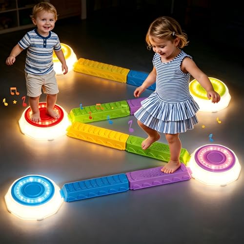 HYES Light Up Stepping Stones & Balance Beams for Kids 1-3, 13PCS Non-Slip Sensory Obstacle Course with Piano Music, Game Spinner & 30 Cards, Indoor Outdoor Toddler Toys Gifts for Boys Girls Ages 3-5 - style: 5 LED Pads & 8 Beams