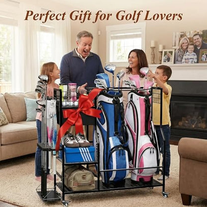 Faesun Golf Bag Organizer for Garage, Golf Bag Storage Rack with 6 Club Slots, Golf Club Organizer with Fabric Drawer & Wheels, Golf Storage Organizer Holds 2 Bags, Golf Rack Storage System