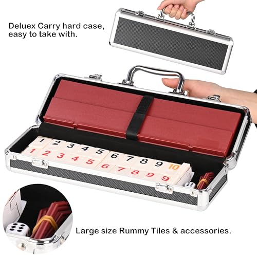 Doublefan Rummy Cube 4 Player Edition, 106 Rummy Cube Game Set with with 4 Plastic Racks in Portable Aluminum Case, Classic Board Game for Adults and