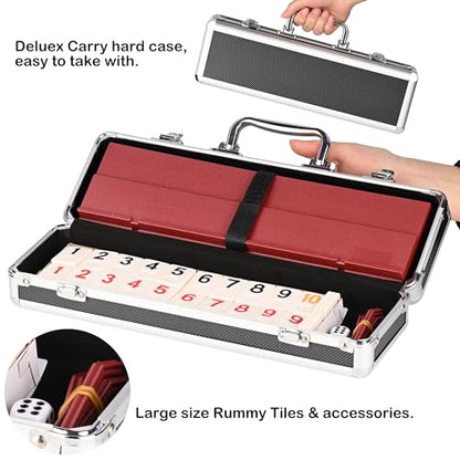 Doublefan Rummy Cube 4 Player Edition, 106 Rummy Cube Game Set with with 4 Plastic Racks in Portable Aluminum Case, Classic Board Game for Adults and
