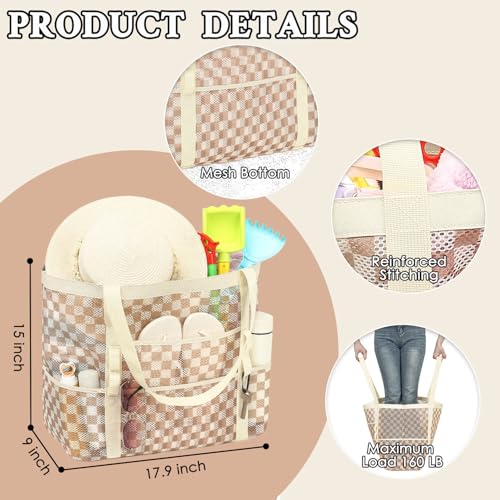 GYEUKHAM Mesh Beach Bag for Women, Sand-Resistant Pool Tote, 9 Pockets (1 Inner Zip), Foldable Family Travel Essentials - color: L-checkered Khaki