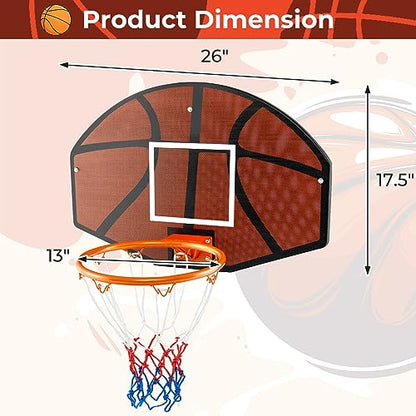 Goplus Wall Mount Basketball Hoop, 26" x 17.5" Indoor Outdoor Basketball Games w/Large Shatter-Proof Backboard, Anti-Tear Net, Door Wall Mounted Basketball Playset for Backyard