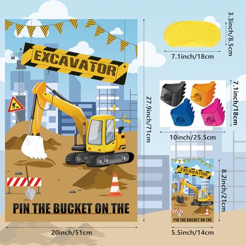 Hooqict Pin The Bucket on The Excavator Construction Party Games for Kids Birthday Pin the Games Construction Party Decorations Supplies, Large Excavator Poster with 32 Stickers - style: Excavator