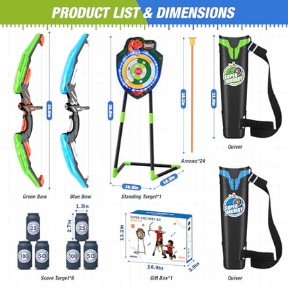 HYES 2 Pack Kids Bow and Arrow, LED Light Up Archery Set with 24 Suction Cup Arrows, Indoor Outdoor Sport Dinosaur Toys Gifts for 3 4 5 6 7 8 9 10 11 12 Year Old Boys Girls - size: 2 pack-led standing target