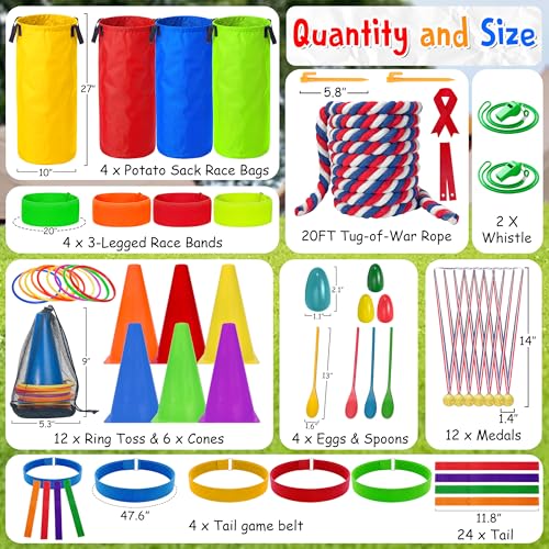 LINAYE Outdoor Field Day Games for Kids Adults, Carnival Lawn Yard Family Reunion Survivor Games Activities Tug of War Rope, Potato Sack Race Bags, Ring Toss,Catch Tail Game Belt for Birthday Party