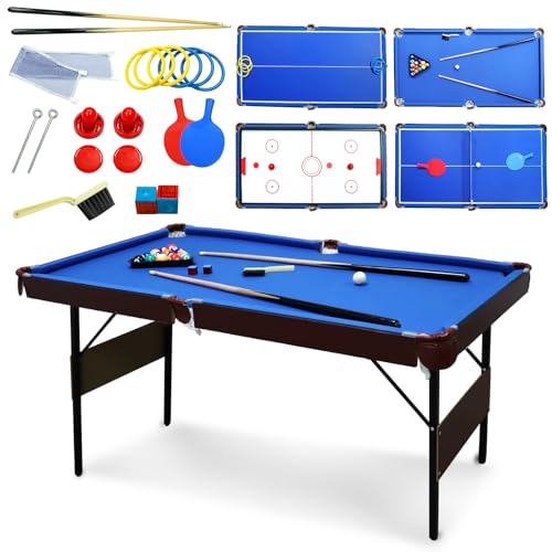 54" Folding Pool Table, 4 in 1 Multi Game Table, Folding Portable Billiards Game Table Set with Ping Pong, Hockey, Pool, and Ringtoss, for Indoor, Game Room, Office