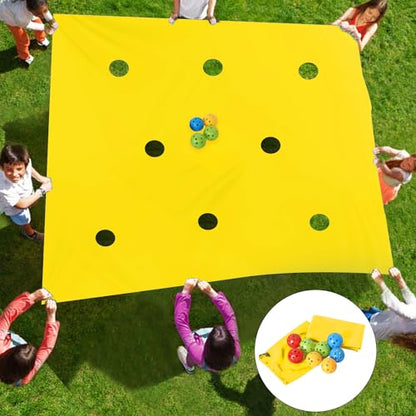 Sonyabecca Yellow Hole Tarp Team Building Games for Work with 8 Pcs Team Building Ball for Teamwork Group Learning Fun - size: 85''Lx57''W