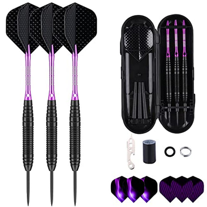 Darts Metal Tip Set - 3 Pack Professional 22 Grams Steel Tip Darts with Slim Case Black Purple Blue Aluminum Shafts 9 Flights 50 Rubber O'Rings 1 Dart Sharpener 12 Spring Rings - color: 22 Grams - purple