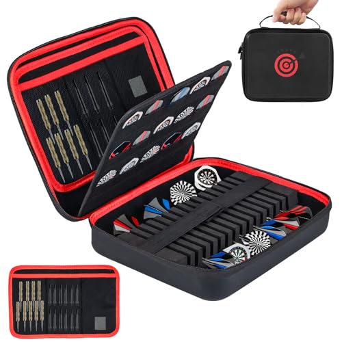 XXL Large EVA Hard Shell Dart Case for 15Darts, 30 Flights, Shafts & Accessories with Carry Handle, Darts Case with Soft Pad & Mesh Bag for Steel or Soft Tips, Dart Bag Bar Game, Travel -Red - color: Red