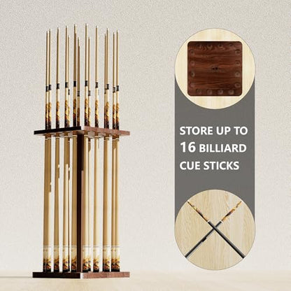Pool Cue Holders for Billiard Room, Pool Stick Holder, Floor Stand Pool Cue Rack up to 16 Sticks, Natural Wood Pool Cue Equipment Storage Organizer, Billiard Gifts for Men - size: Non-rotating 16-Rod