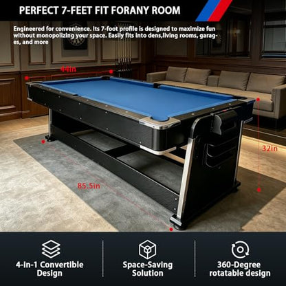 Pool Table Dining Table Combo with Ping Pong & Air Hockey Table, 7ft 4-in-1 Multi Game Table, Convertible Billiard Table for Adults Outdoor/Indoor - color: Blue