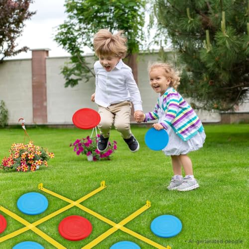 Giant Tic Tac Toe Outdoor Game, 4 Ft X 4 Ft Large Tic Tac Toe Strap Game Outdoor with 10PCS Soft Flying Disc for Kids and Adults to Play Outdoors, Beach, and Park