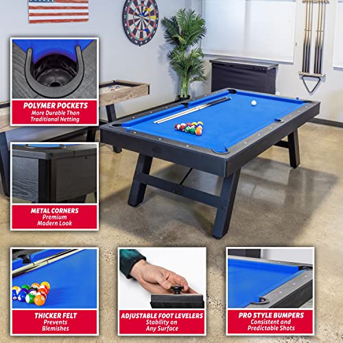 GoSports 8 ft Pool Tables with Wood Finish - Choose Your Style - Modern Billiards Table with 2 Cue Sticks, Balls, Rack, Felt Brush and Chalk - color: Blue, Black Wood Finish