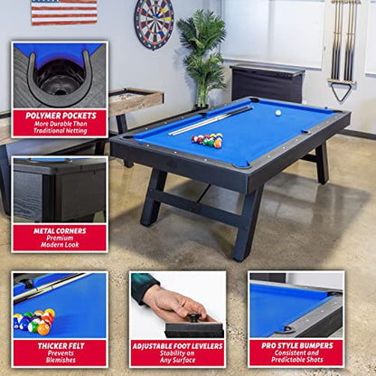GoSports 8 ft Pool Tables with Wood Finish - Choose Your Style - Modern Billiards Table with 2 Cue Sticks, Balls, Rack, Felt Brush and Chalk - color: Blue, Black Wood Finish