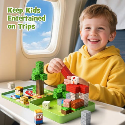 49 Pcs Farm Animals Magnetic Building Blocks Set for Toddlers 3-5, Travel Toys with Iron Storage Box, Magnetic Tiles & Cubes for Kids Ages 4-8, STEM Learning, Portable Play Base for Car Plane Trips - style: Farm Animals Magnetic Building Blocks Travel Set
