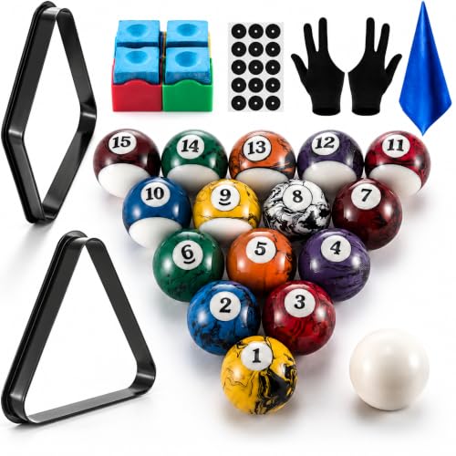 Outus Pool Table Ball Set with Accessories, 16 Billiard Balls 2-1/4" Regulation Set with Triangle & Diamond Rack, Chalk, Gloves & Towel, Spot Stickers, Starter Kit for Game Room & Bar - style: Marble Dark