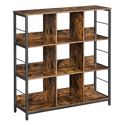 VASAGLE Bookshelf, Bookcase, 9 Cubes Storage Organizer, Industrial Open Display Shelf, for Bedroom, Office, Living Room, Metal Frame, Rustic Brown and Black ULLS112B01 - size: 11.8"D x 39.4"W x 40.6"H