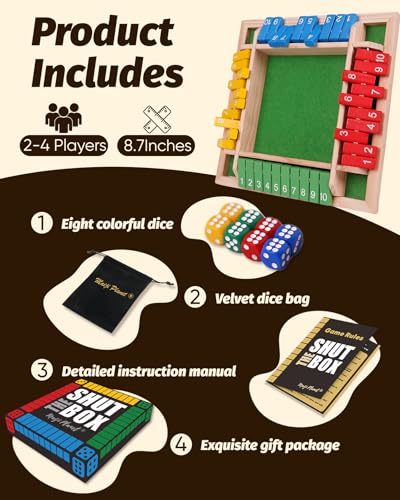 Classic Original Shut The Box Game, Math Dice Board Game for Family Night Classroom Travel, Wooden Table for Group Kid Adult Senior, Camp Party Bar, Easy Quick and Fun, 2-4 Players - size: 8.7in
