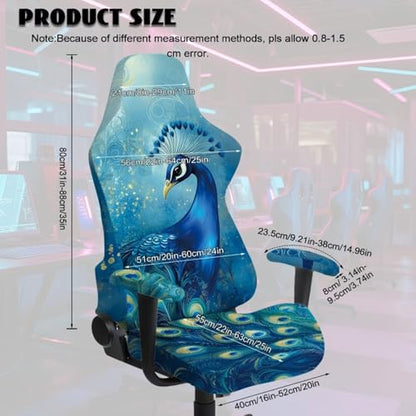 Peacock Print Gaming Chair Covers Slipcovers with Armrest Covers Skin Friendly Breathable Gamer Chair Cover Set of 4 Dust-Proof Machine Washable - color: Blue and Green - Peacock